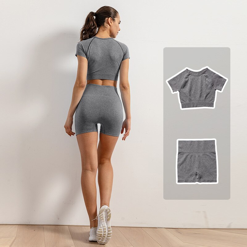 Leggings de Yoga sans couture pour femmes, ensemble de vêtements d'entraînement, de gymnastique, de Fitness, haut court, taille haute