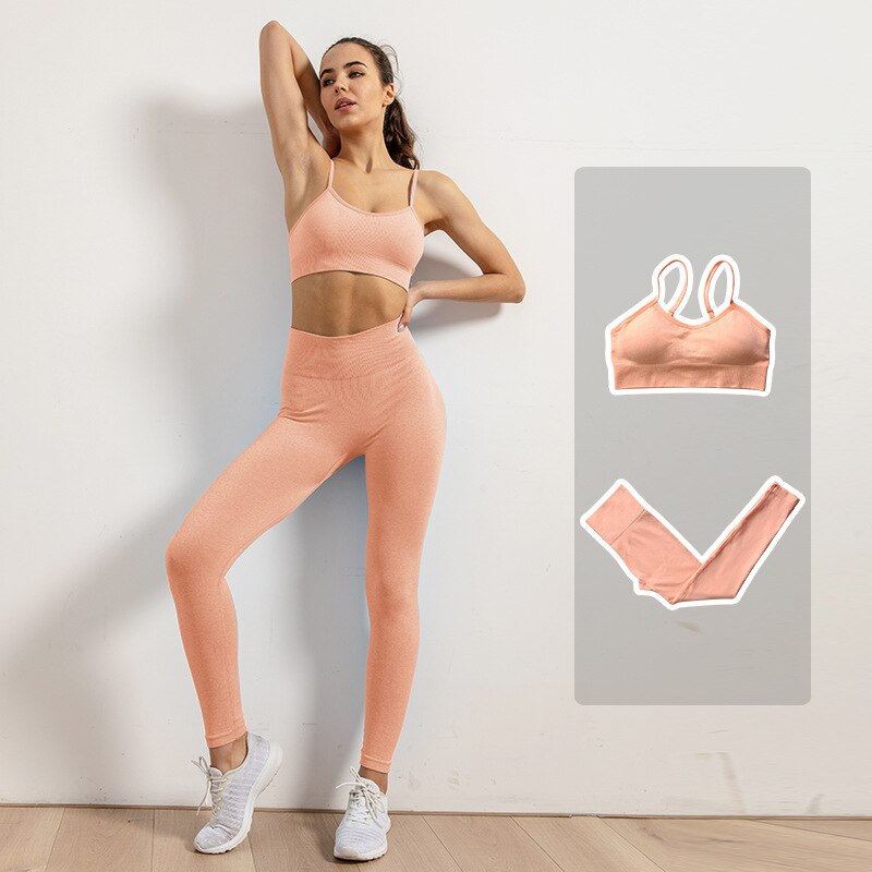Leggings de Yoga sans couture pour femmes, ensemble de vêtements d'entraînement, de gymnastique, de Fitness, haut court, taille haute