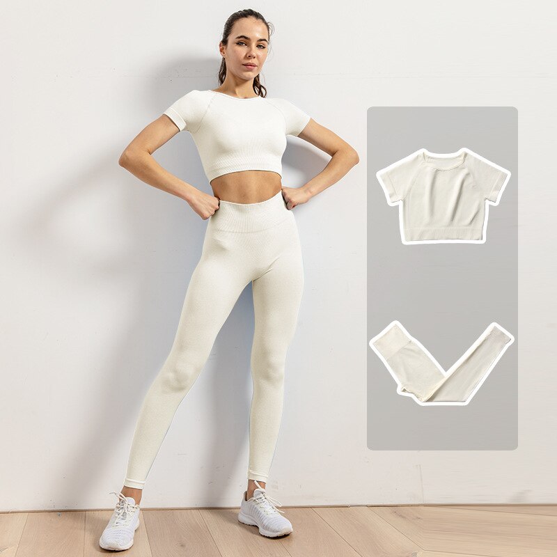 Leggings de Yoga sans couture pour femmes, ensemble de vêtements d'entraînement, de gymnastique, de Fitness, haut court, taille haute