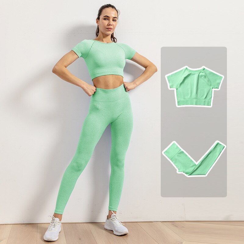 Leggings de Yoga sans couture pour femmes, ensemble de vêtements d'entraînement, de gymnastique, de Fitness, haut court, taille haute