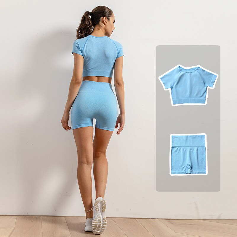 Leggings de Yoga sans couture pour femmes, ensemble de vêtements d'entraînement, de gymnastique, de Fitness, haut court, taille haute