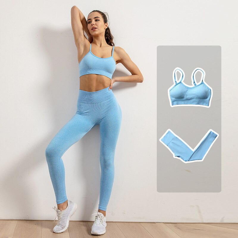 Leggings de Yoga sans couture pour femmes, ensemble de vêtements d'entraînement, de gymnastique, de Fitness, haut court, taille haute