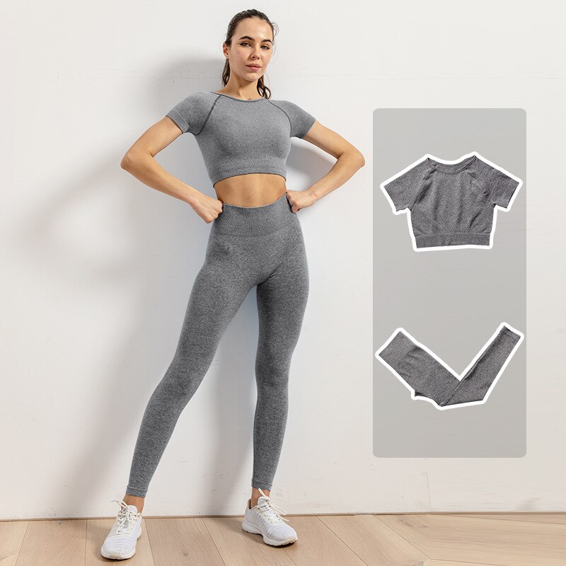 Leggings de Yoga sans couture pour femmes, ensemble de vêtements d'entraînement, de gymnastique, de Fitness, haut court, taille haute