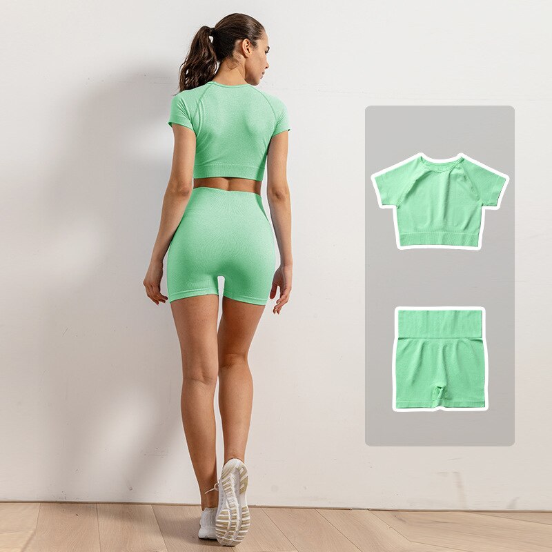 Leggings de Yoga sans couture pour femmes, ensemble de vêtements d'entraînement, de gymnastique, de Fitness, haut court, taille haute