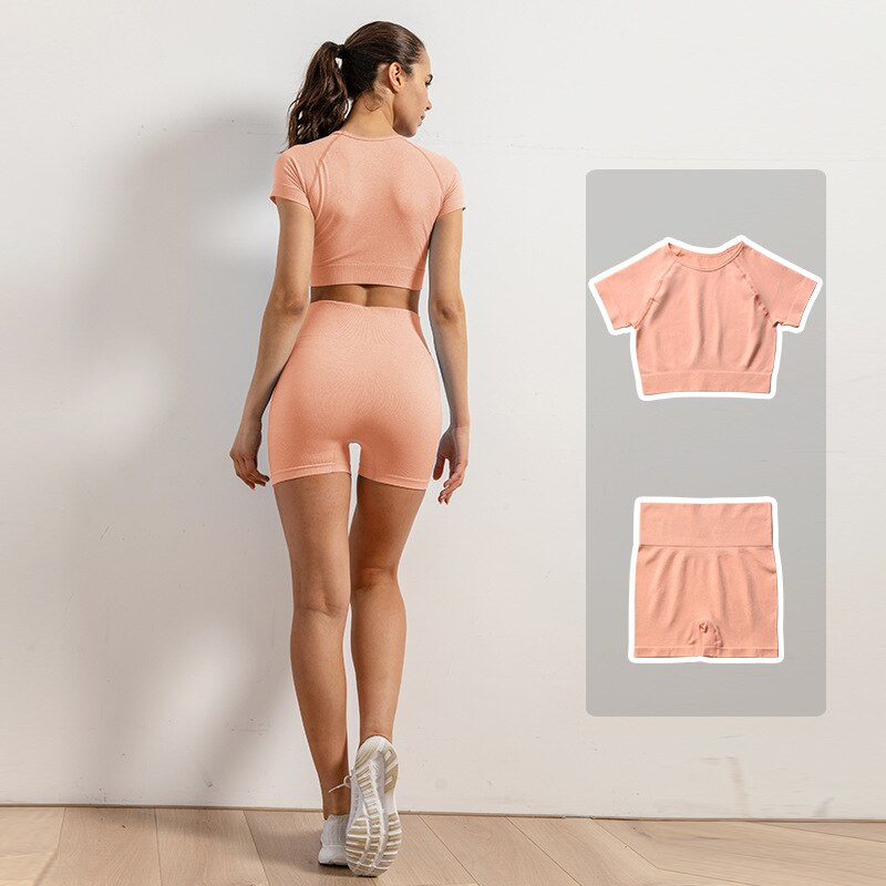 Leggings de Yoga sans couture pour femmes, ensemble de vêtements d'entraînement, de gymnastique, de Fitness, haut court, taille haute