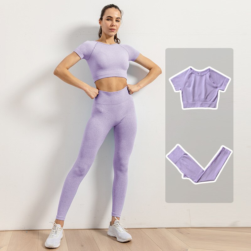 Leggings de Yoga sans couture pour femmes, ensemble de vêtements d'entraînement, de gymnastique, de Fitness, haut court, taille haute
