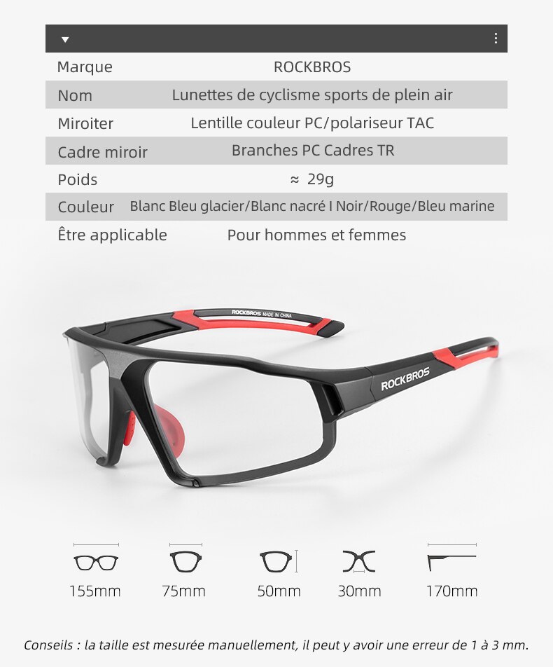 ROCKBROS lunettes de cyclisme photochromiques ROCKBROS lunettes de cyclisme photochromiques