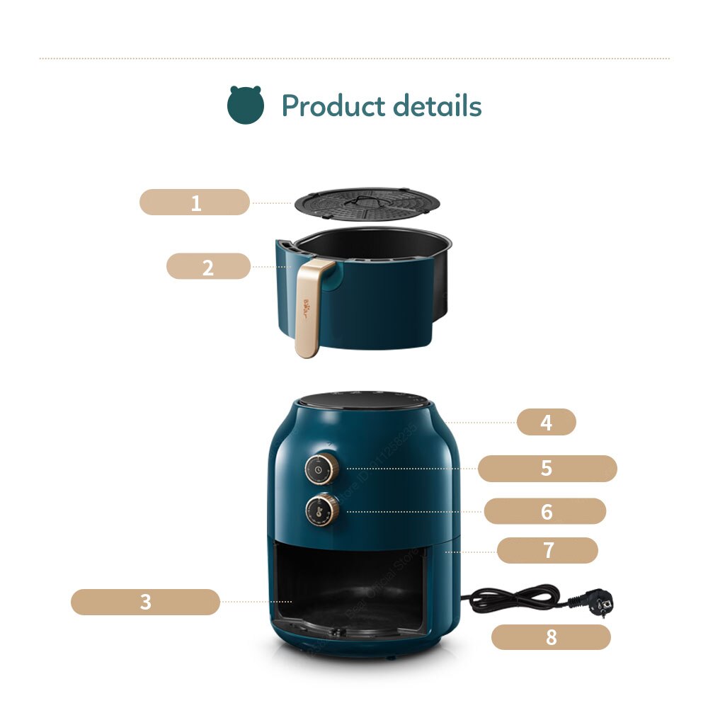 Bear – friteuse à Air sans huile électrique, 3,5 l, intelligente, pour la cuisson des frites, des pizzas et du poulet Bear – friteuse à Air sans huile électrique, 3,5 l, intelligente, pour la cuisson des frites, des pizzas et du poulet