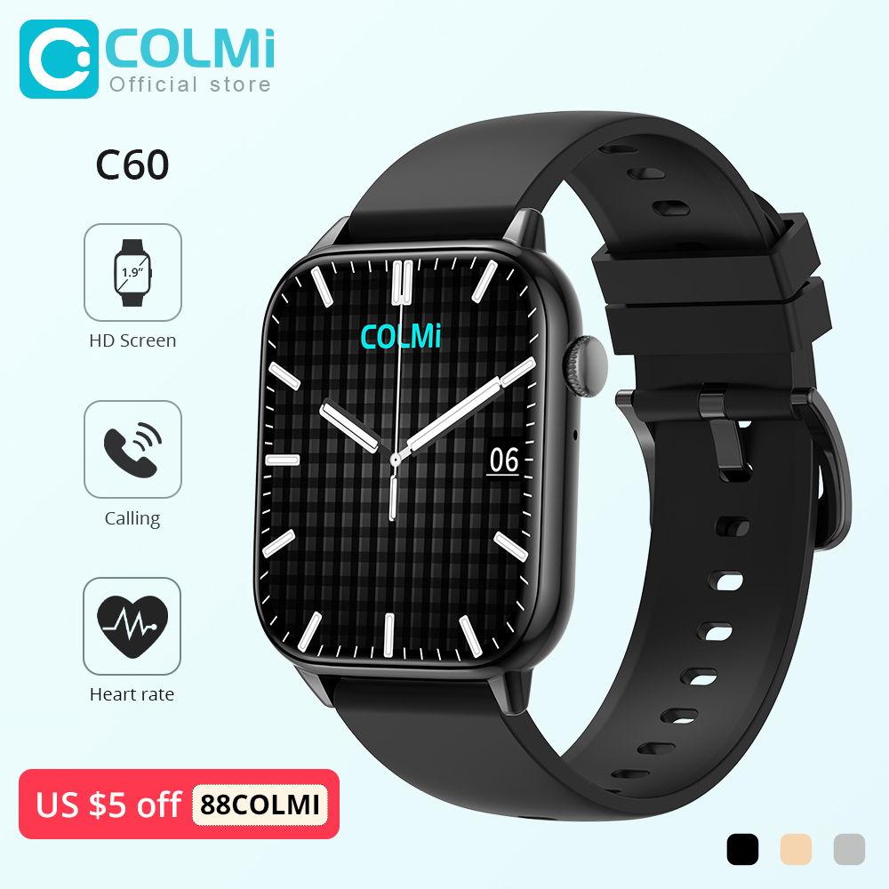 Montre connectée COLMI C60 pour hommes et femmes, écran 1.9 pouces, appels Bluetooth, moniteur de fréquence cardiaque et de sommeil, 19 modèles de Sport
