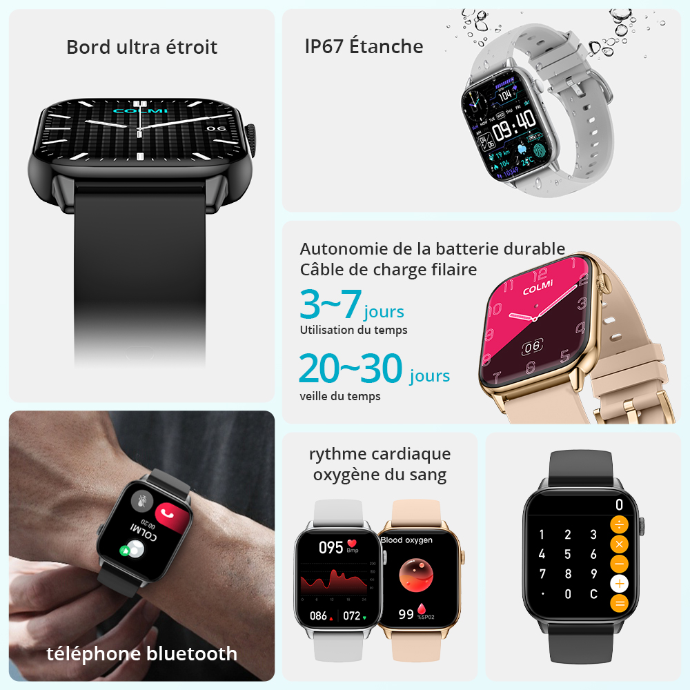 Montre connectée COLMI C60 pour hommes et femmes, écran 1.9 pouces, appels Bluetooth, moniteur de fréquence cardiaque et de sommeil, 19 modèles de Sport